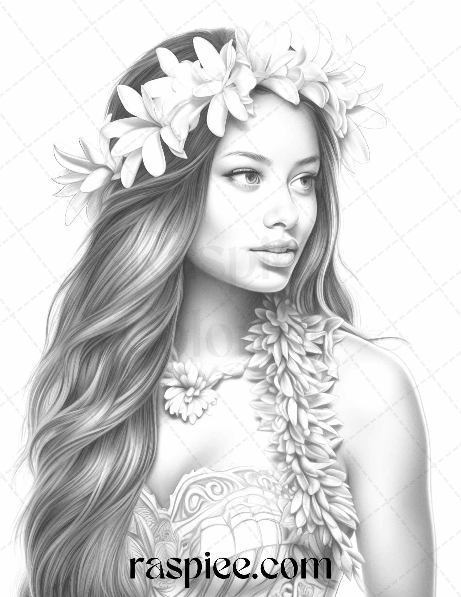 40 Hawaiian Girls Grayscale Coloring Pages Printable for Adults, PDF File Instant Download