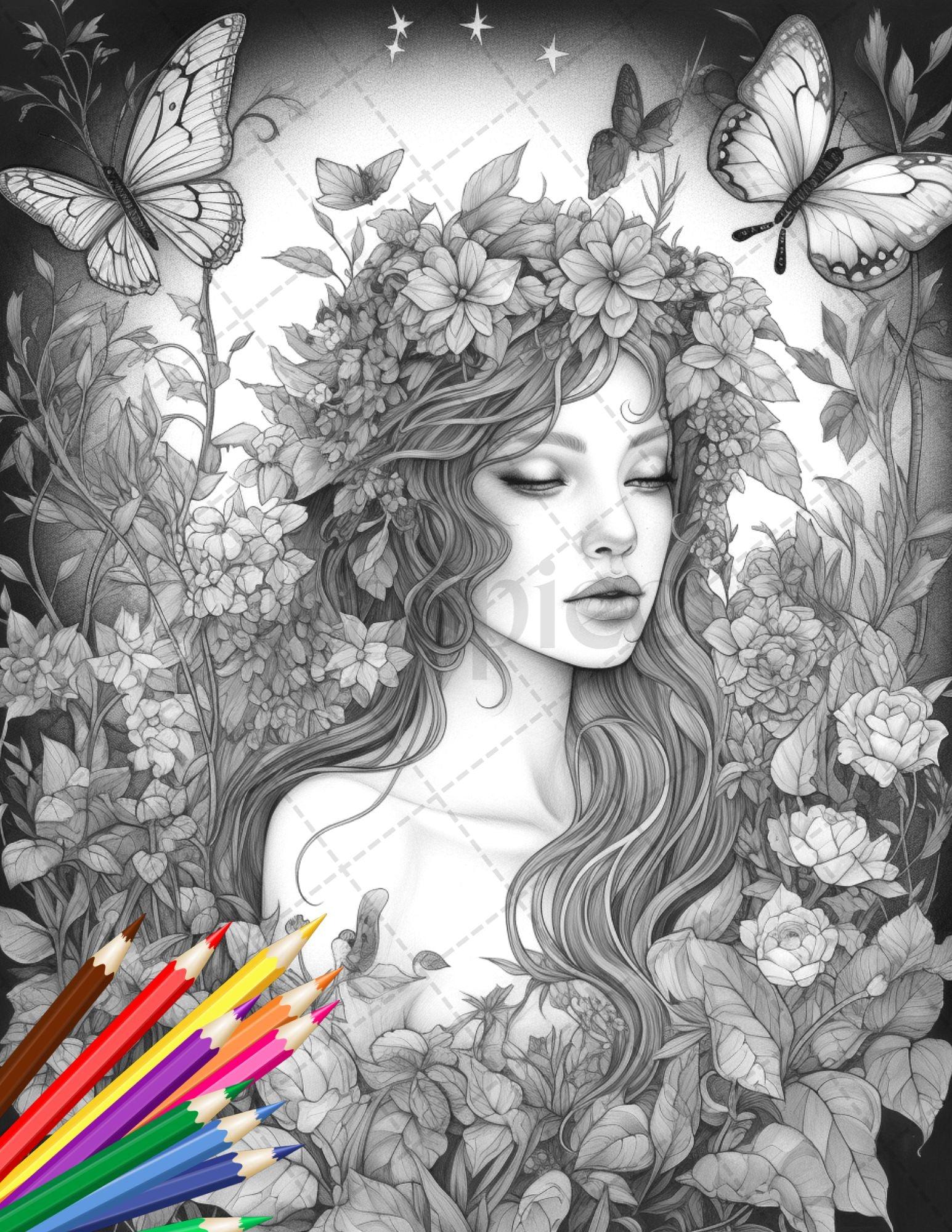 30 Beautiful Fairies Coloring Page Book for Adults, Flower Fairy Grayscale Coloring Book, Fairy Coloring Sheets, Printable PDF File Download