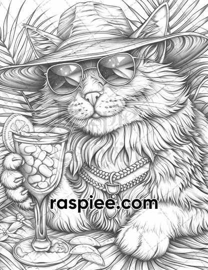 100 Summer Cats Grayscale Adult Coloring Pages, Printable PDF Instant Download