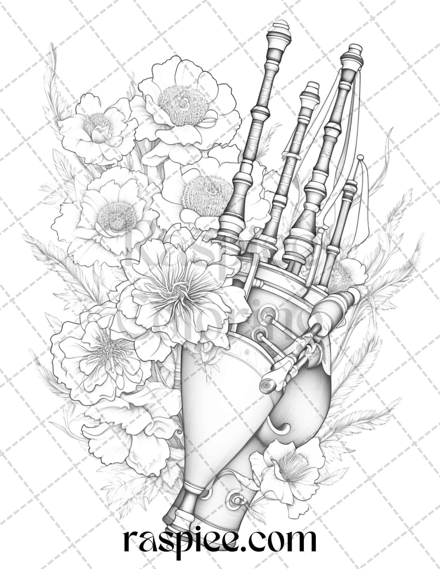 30 Musical Instrument Flower Grayscale Coloring Pages Printable for Adults, PDF File Instant Download