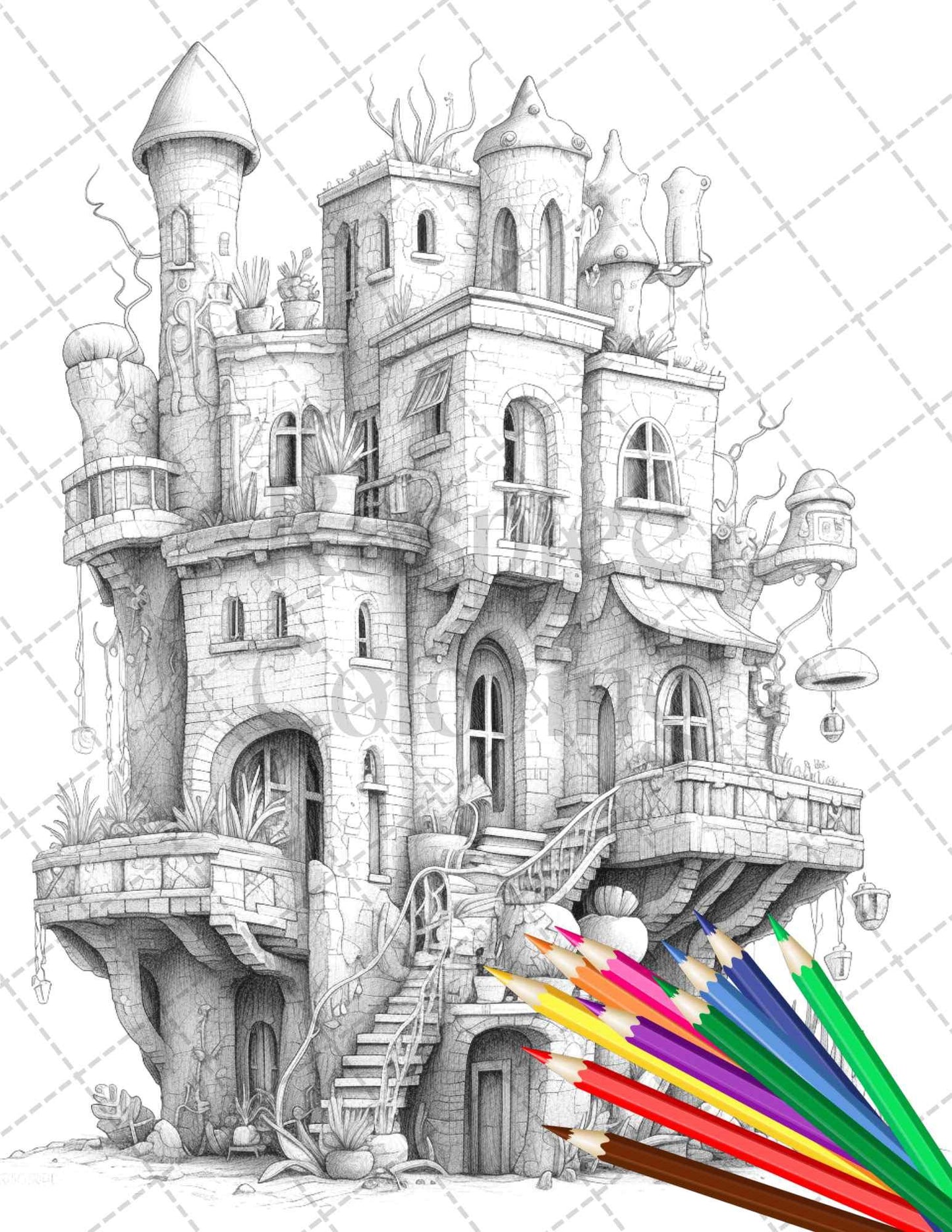 46 Fantasy Cactus Houses Grayscale Coloring Pages Printable for Adults, PDF File Instant Download