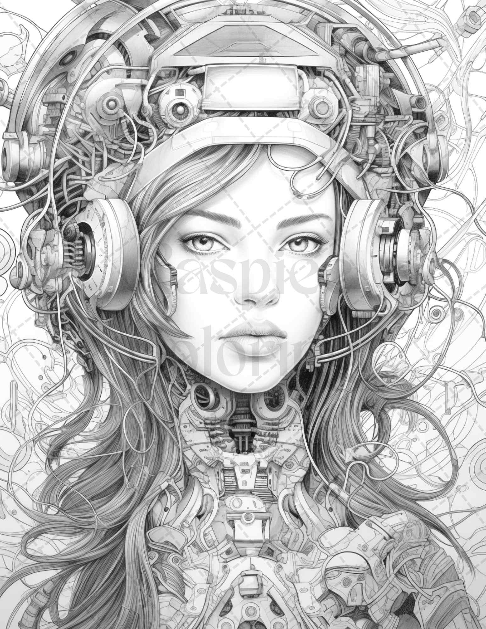 40 Beautiful Cyborg Girls Grayscale Coloring Pages Printable for Adults, PDF File Instant Download