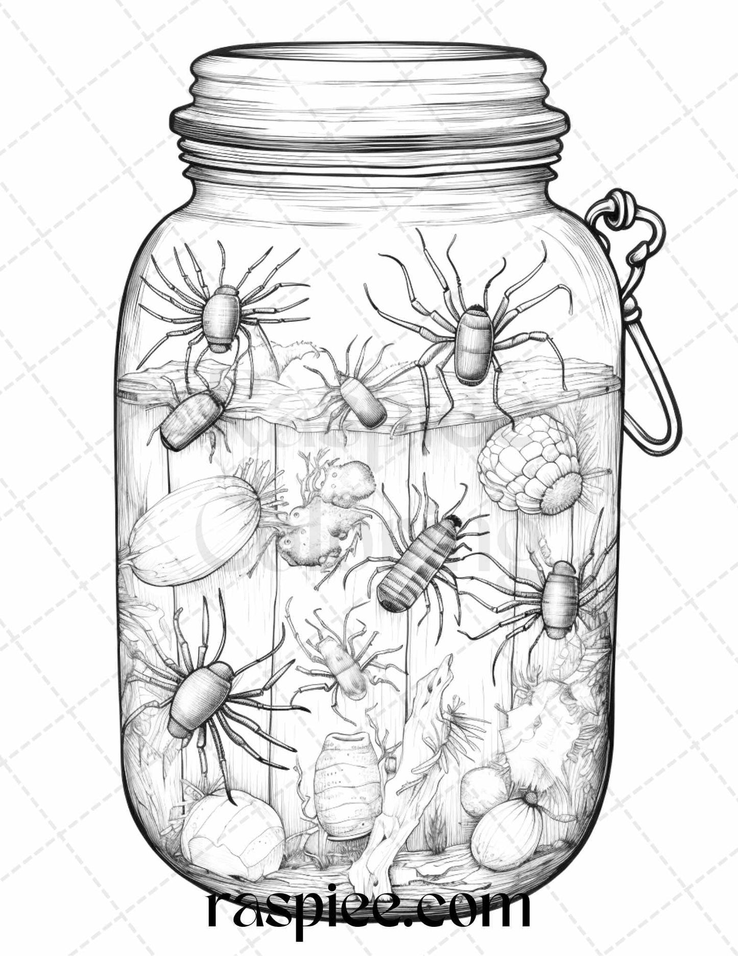 40 Halloween in Jar Grayscale Coloring Pages for Adults, Printable PDF File Instant Download