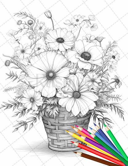 30 Flower Baskets Grayscale Coloring Pages for Adults, PDF File Instant Download