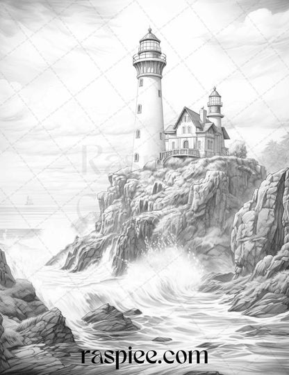 40 Majestic Lighthouses Grayscale Coloring Pages Printable for Adults, PDF File Instant Download