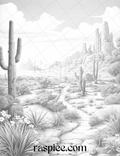 40 Desert Landscapes Grayscale Coloring Pages Printable for Adults, PDF File Instant Download