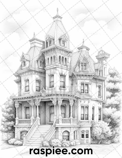 40 Victorian Mansions Grayscale Coloring Pages for Adults, Printable PDF Instant Download