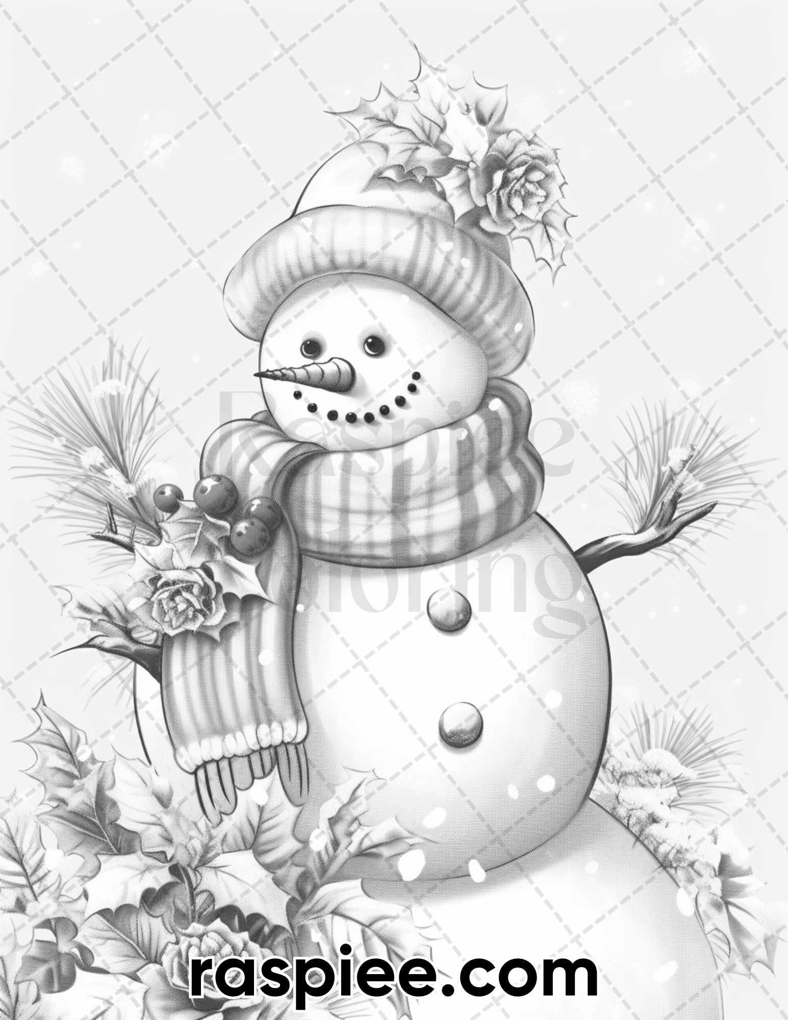 40 Chistmas Snowman Grayscale Coloring Pages for Adults, Printable PDF Instant Download