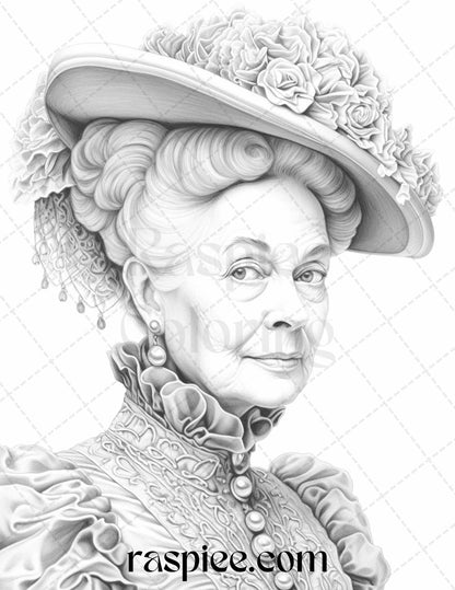 50 Victorian Grandma Grayscale Coloring Pages Printable for Adults, PDF File Instant Download