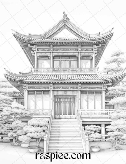 40 Traditional Chinese Houses Grayscale Coloring Pages Printable for Adults, PDF File Instant Download