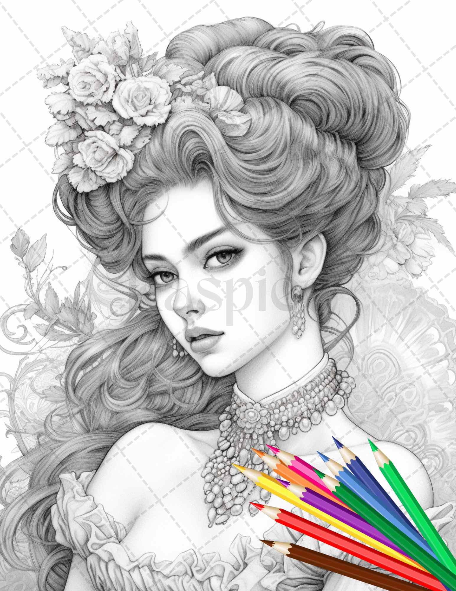 43 Beautiful Victorian Women Grayscale Coloring Pages Printable for Adults, PDF File Instant Download