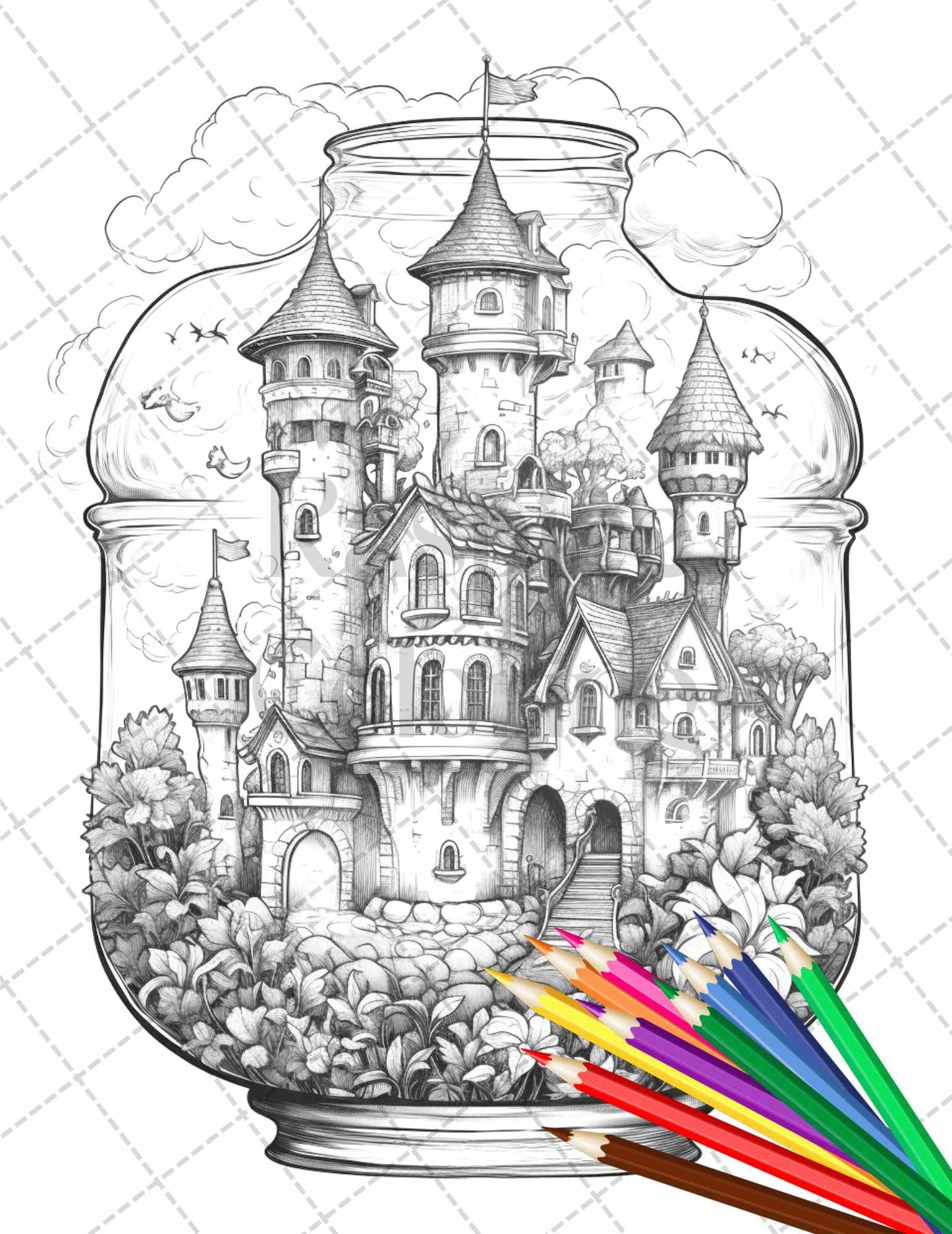 42 Fantasy Castle In Jar Grayscale Coloring Pages Printable for Adults, PDF File Instant Download