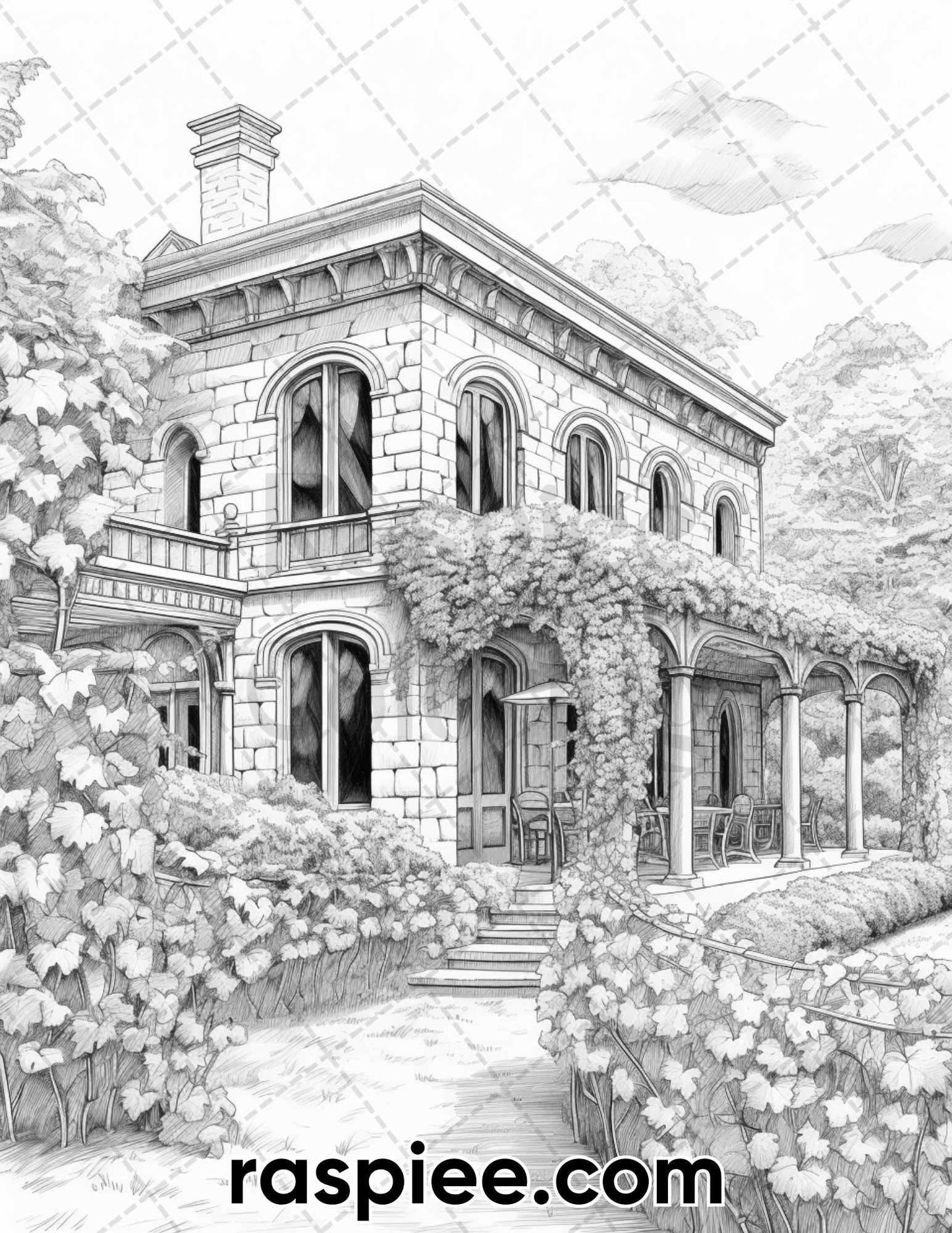 40 Spring Vineyard Grayscale Adult Coloring Pages, Printable PDF Instant Download