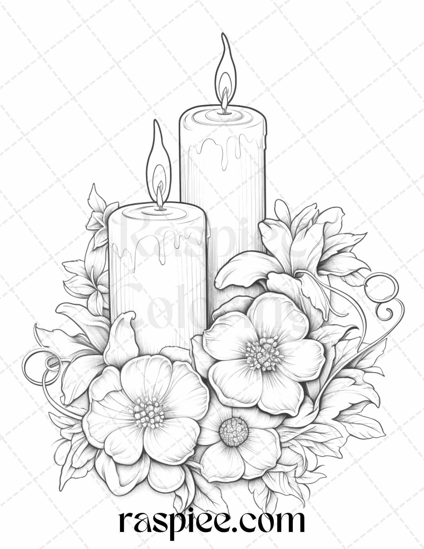 40 Flower Candles Grayscale Coloring Pages Printable for Adults, PDF File Instant Download