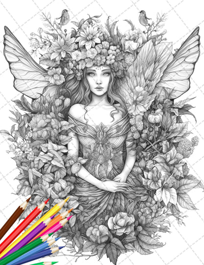 30 Beautiful Fairies Coloring Page Book for Adults, Flower Fairy Grayscale Coloring Book, Fairy Coloring Sheets, Printable PDF File Download