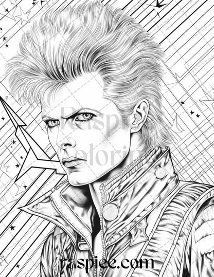 1980s New Wave Pop Star Grayscale Coloring Pages Printable for Adults, PDF File Instant Download