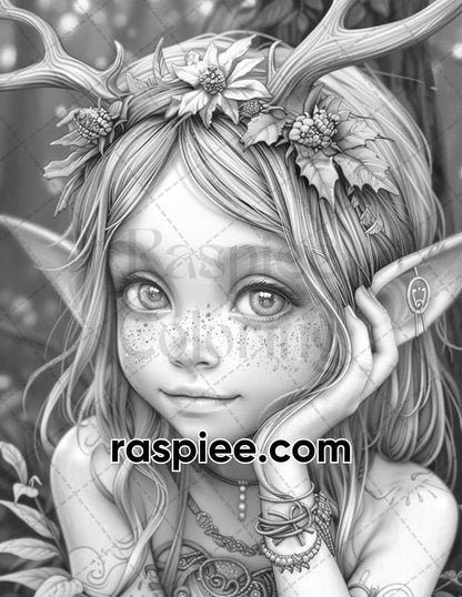 62 Magical Fairy Antler Grayscale Adult Coloring Pages, Printable PDF Instant Download