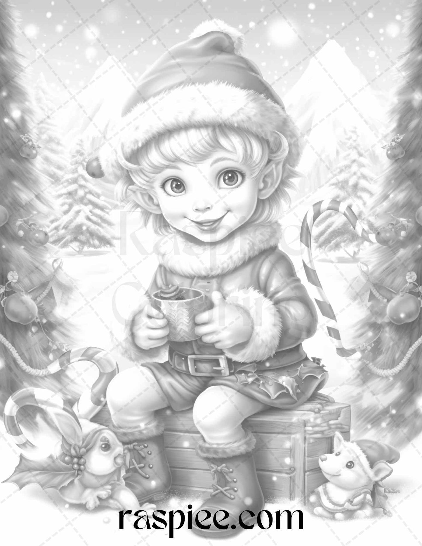 110 Christmas Elves Grayscale Coloring Pages Printable for Adults Kids, PDF File Instant Download