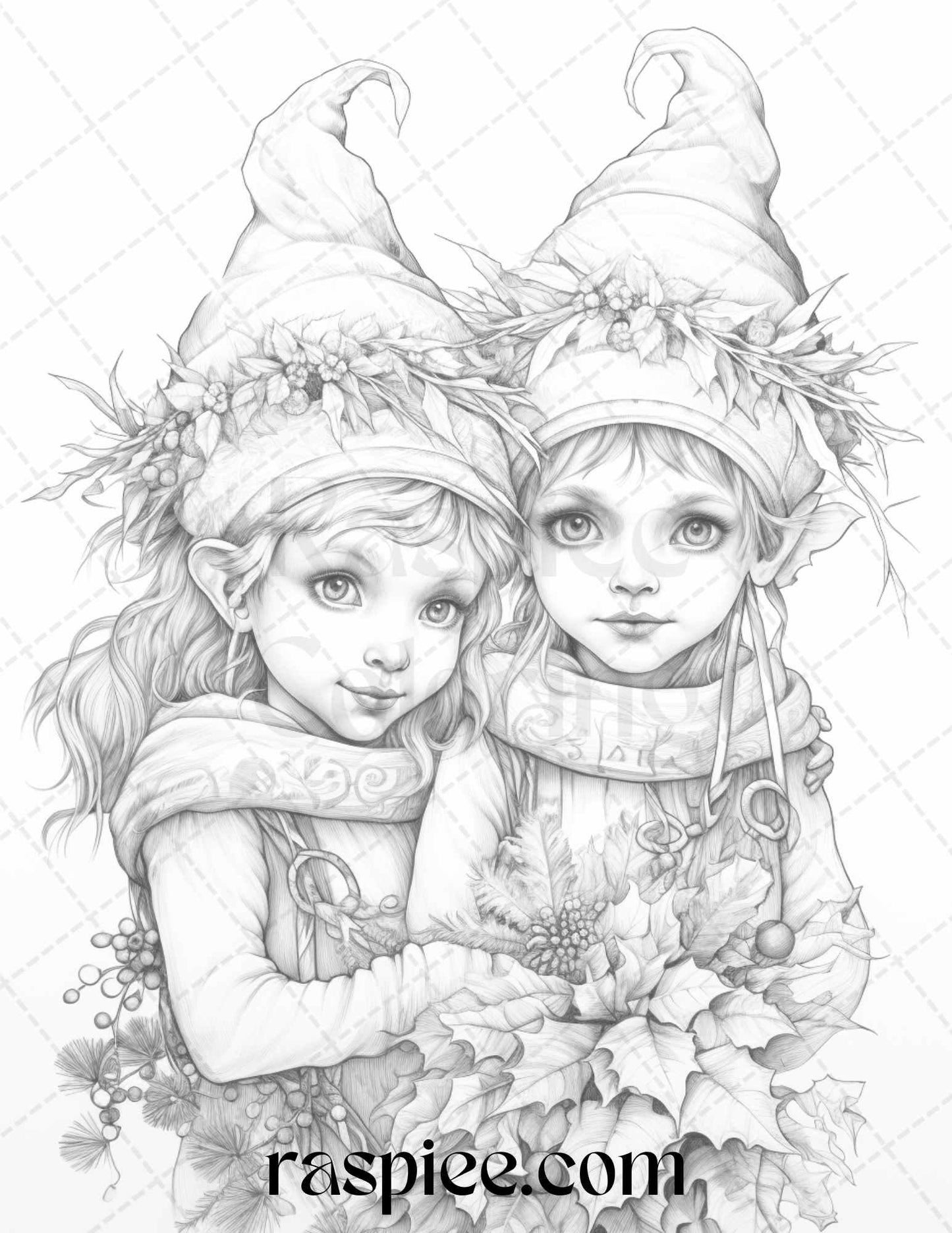 110 Christmas Elves Grayscale Coloring Pages Printable for Adults Kids, PDF File Instant Download