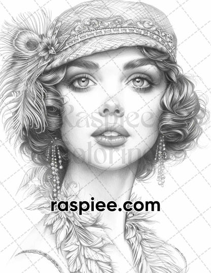 70 Gatsby Glamour Grayscale Adult Coloring Pages, Printable PDF Instant Download