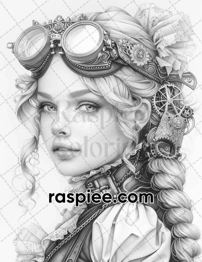 65 Gothic Steampunk Girls Grayscale Adult Coloring Pages, Printable PDF Instant Download