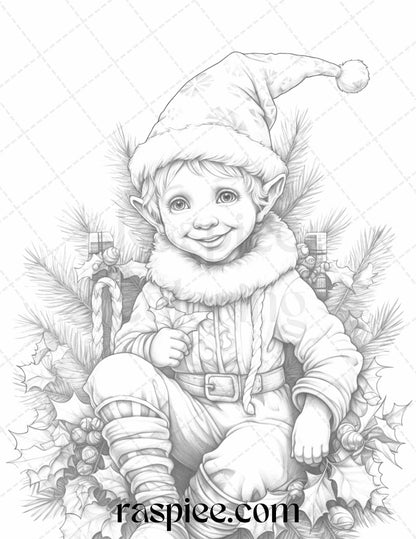 110 Christmas Elves Grayscale Coloring Pages Printable for Adults Kids, PDF File Instant Download