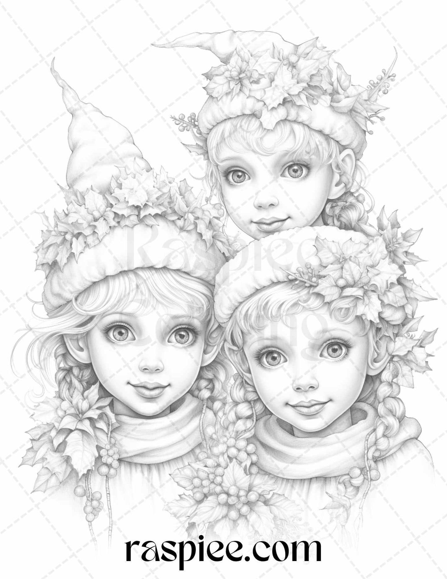 110 Christmas Elves Grayscale Coloring Pages Printable for Adults Kids, PDF File Instant Download