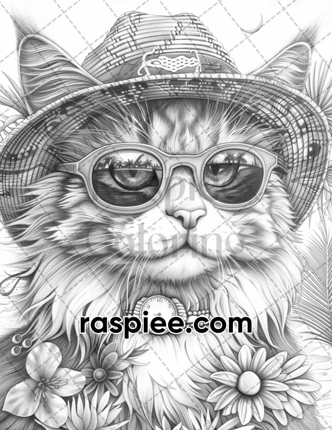 100 Summer Cats Grayscale Adult Coloring Pages, Printable PDF Instant Download