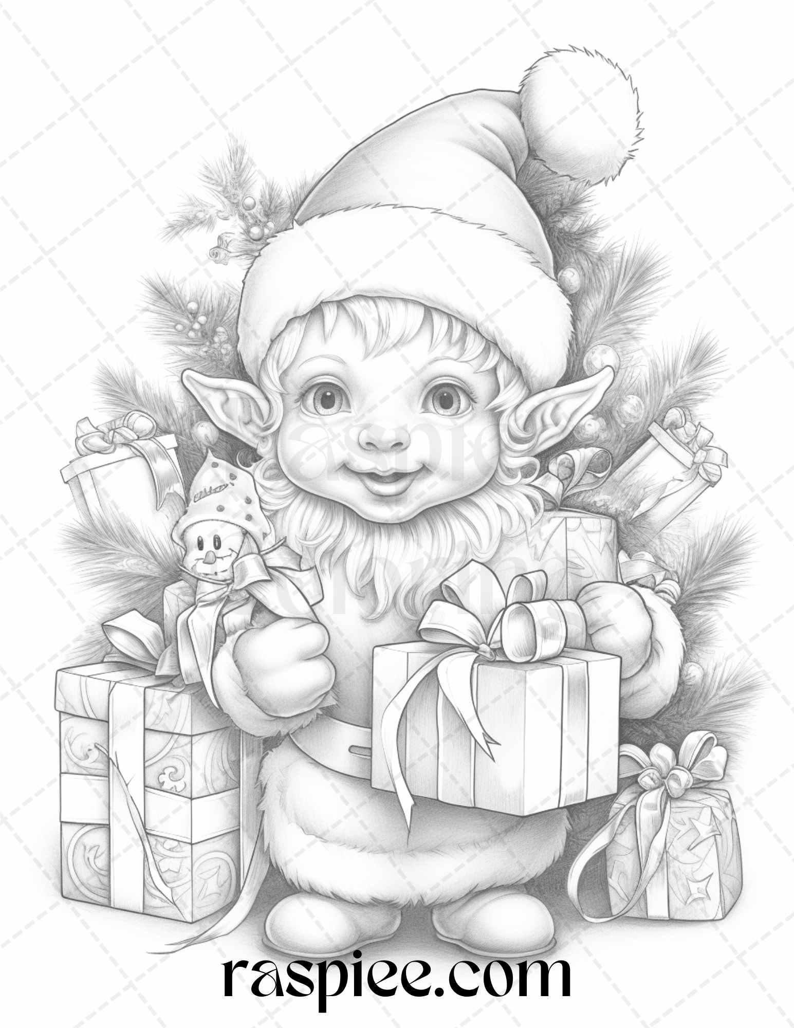 110 Christmas Elves Grayscale Coloring Pages Printable for Adults Kids, PDF File Instant Download