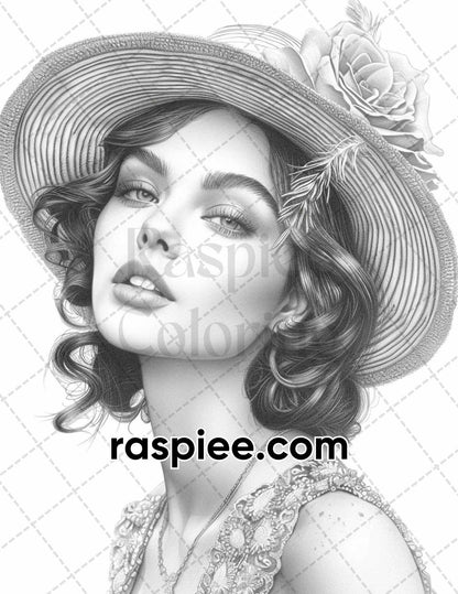 70 Gatsby Glamour Grayscale Adult Coloring Pages, Printable PDF Instant Download