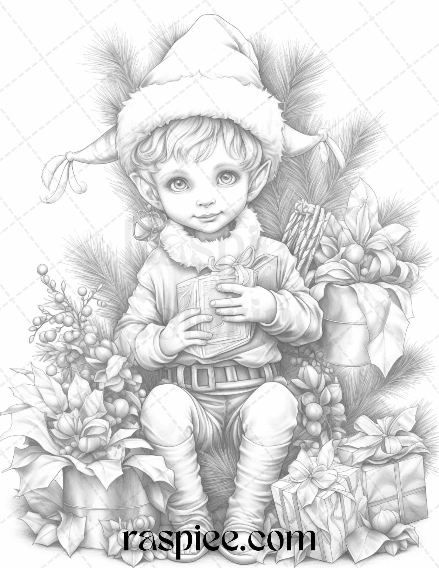 110 Christmas Elves Grayscale Coloring Pages Printable for Adults Kids, PDF File Instant Download