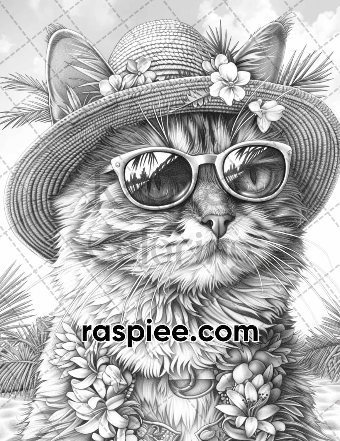 100 Summer Cats Grayscale Adult Coloring Pages, Printable PDF Instant Download