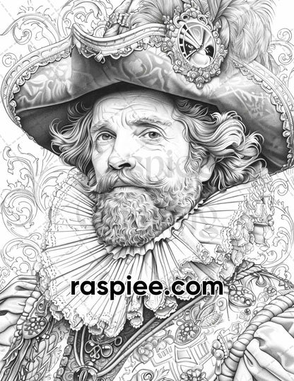 100 Elizabethan British Royal Portraits Grayscale Adult Coloring Pages, Printable PDF Instant Download