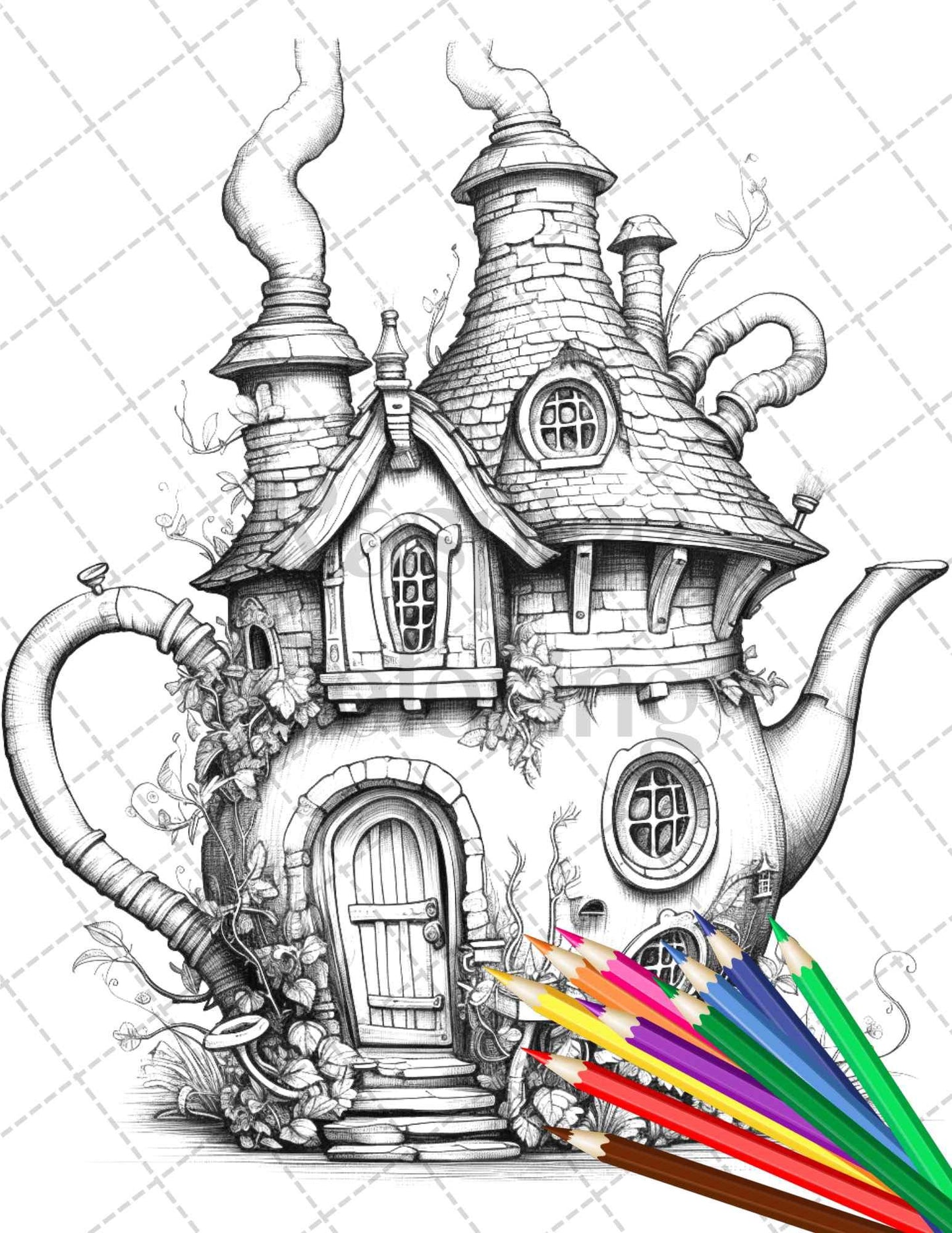 40 Teapot Fairy Houses Grayscale Coloring Pages Printable for Adults, PDF File Instant Download