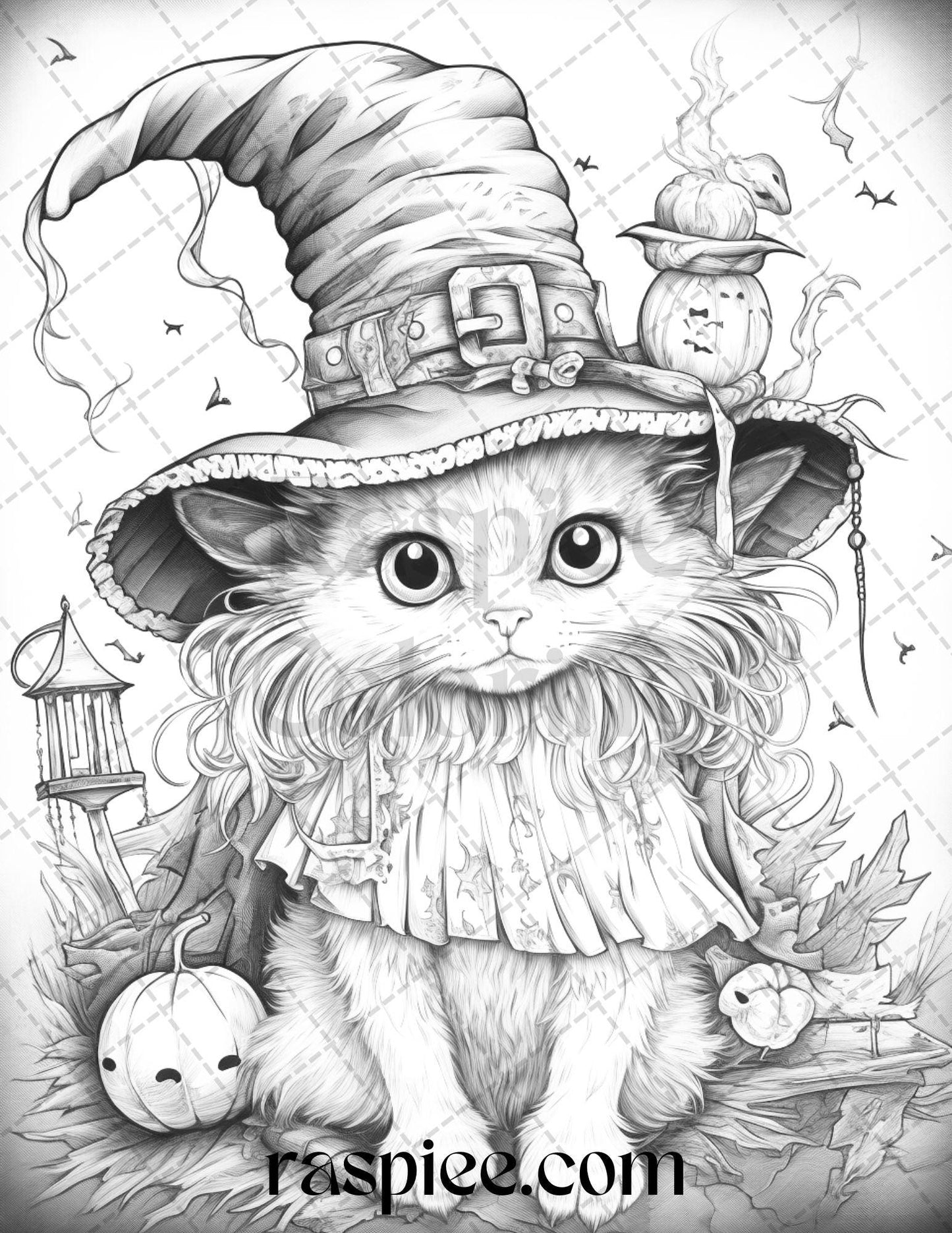 40 Halloween Witch Cat Grayscale Coloring Pages Printable for Adults, PDF File Instant Download