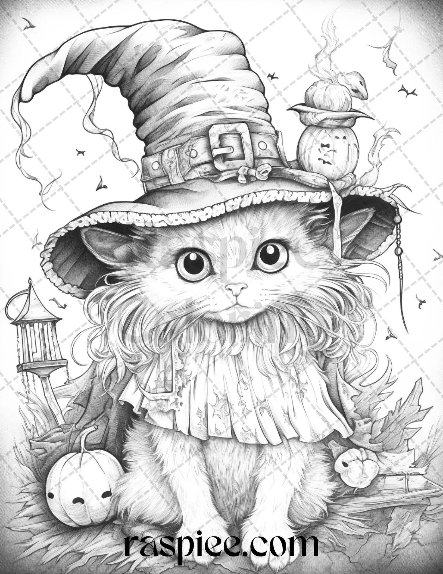 40 Halloween Witch Cat Grayscale Coloring Pages Printable for Adults, PDF File Instant Download