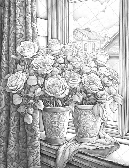 40 Captivating Roses Grayscale Coloring Pages Printable for Adults, PDF File Instant Download