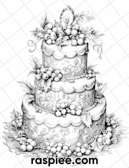 45 Christmas Cakes Grayscale Coloring Pages for Adults, Printable PDF File Instant Download