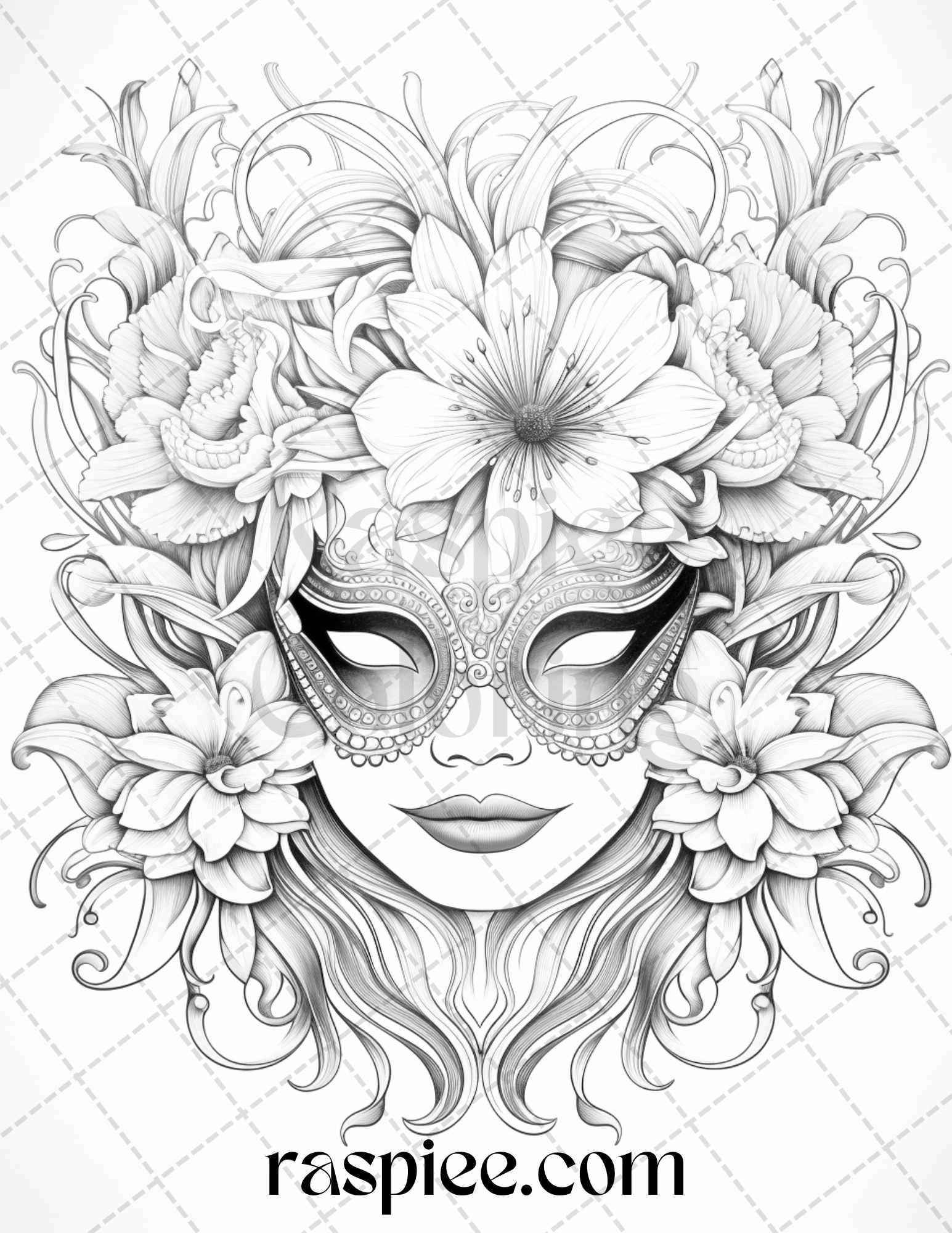 40 Masquerade Masks Grayscale Coloring Pages Printable for Adults, PDF File Instant Download