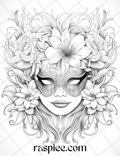 40 Masquerade Masks Grayscale Coloring Pages Printable for Adults, PDF File Instant Download