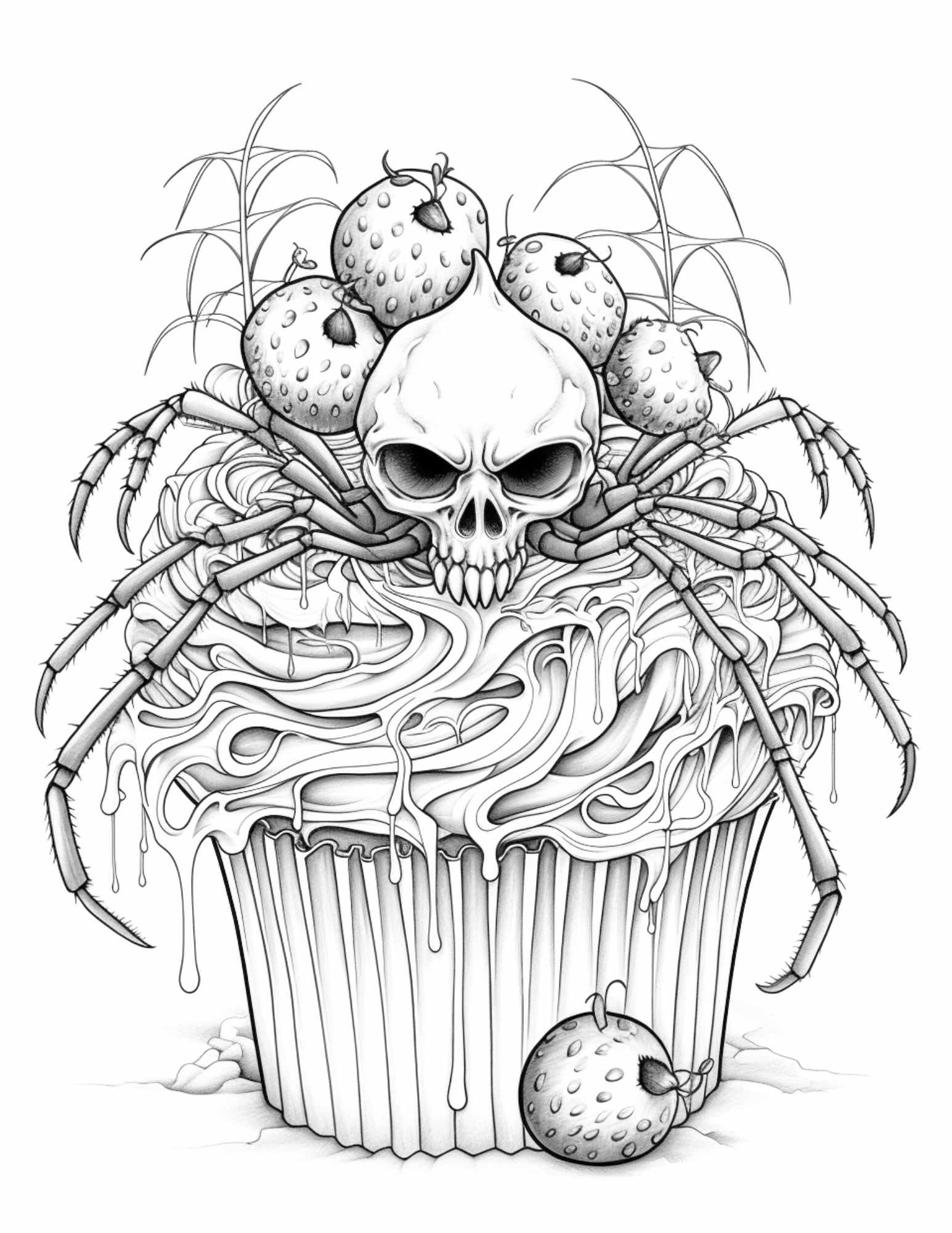 Free Halloween Spooky Cupcakes Grayscale Coloring Pages Printable for Adults Kids, PDF File Instant Download