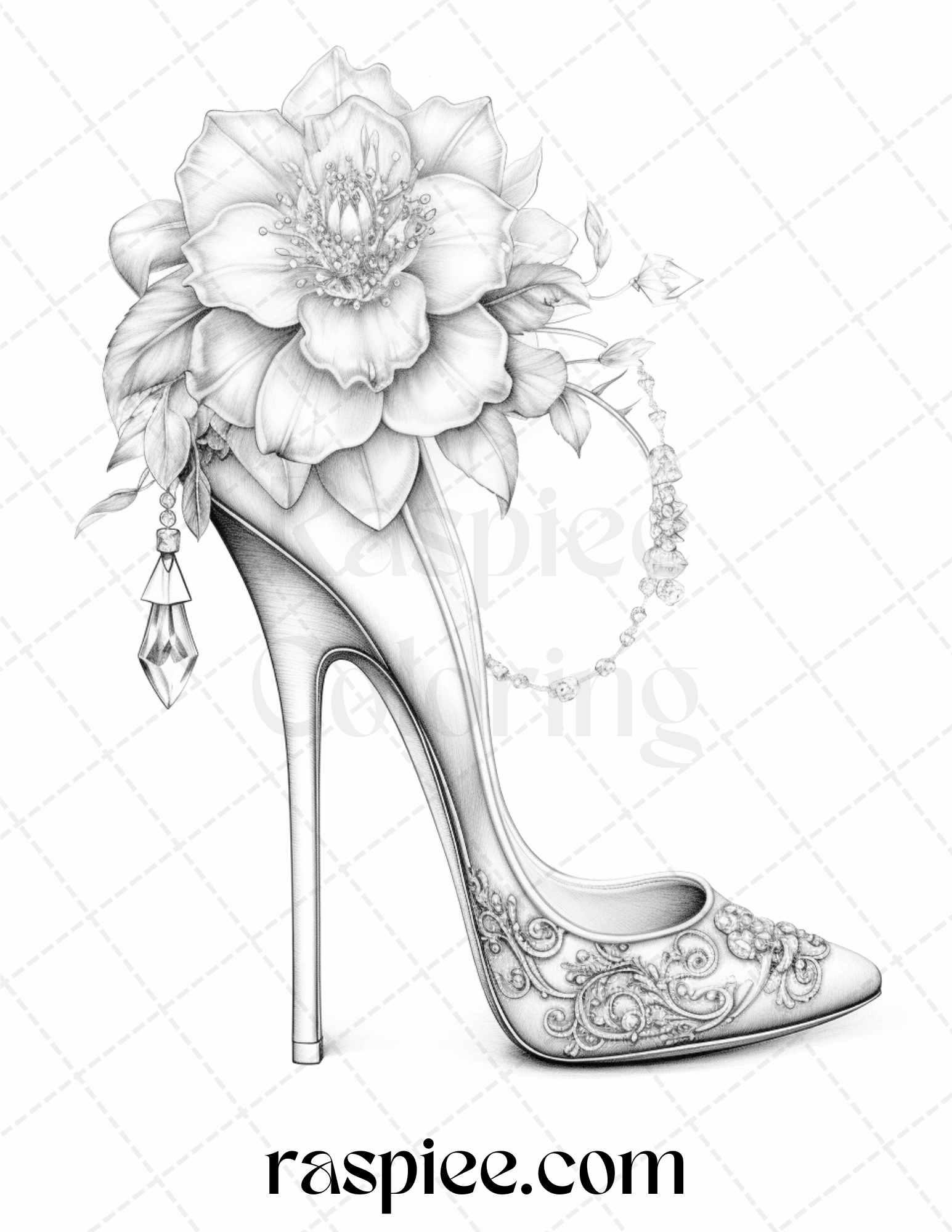 40 Flower Wedding Shoes Grayscale Coloring Pages Printable for Adults, PDF File Instant Download