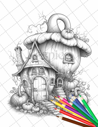 40 Pumpkin Fairy Houses Grayscale Coloring Pages Printable for Adults, PDF File Instant Download