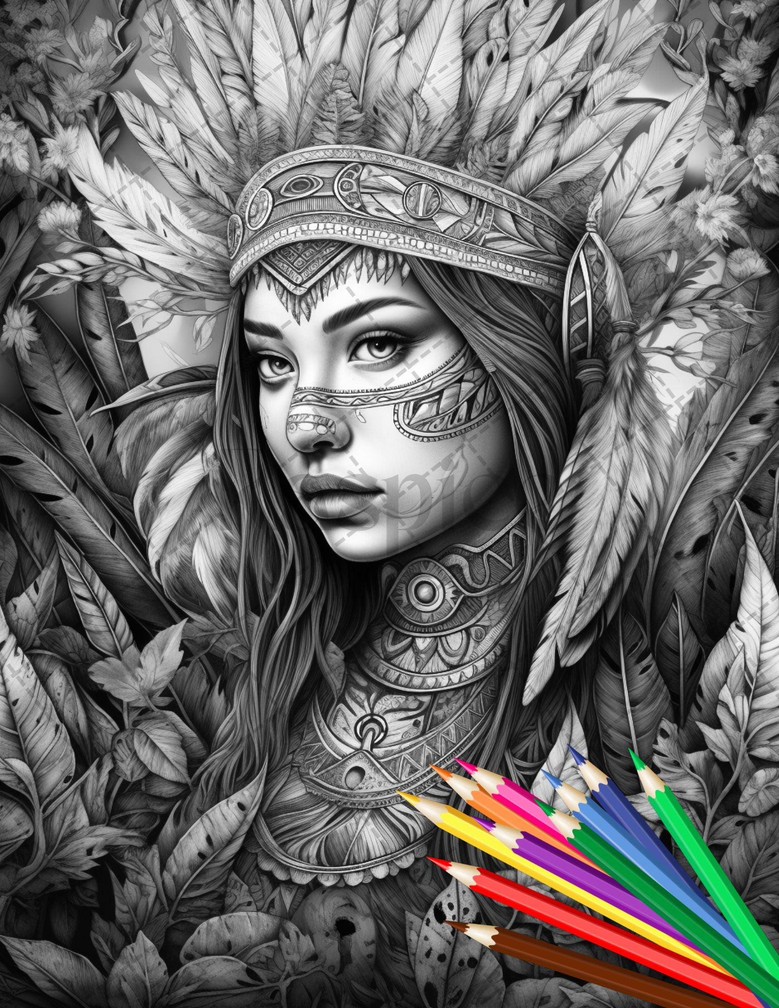 30 Native American Girls Printable Coloring Pages for Adult, Native American Culture Grayscale Coloring Book, Printable PDF File Download