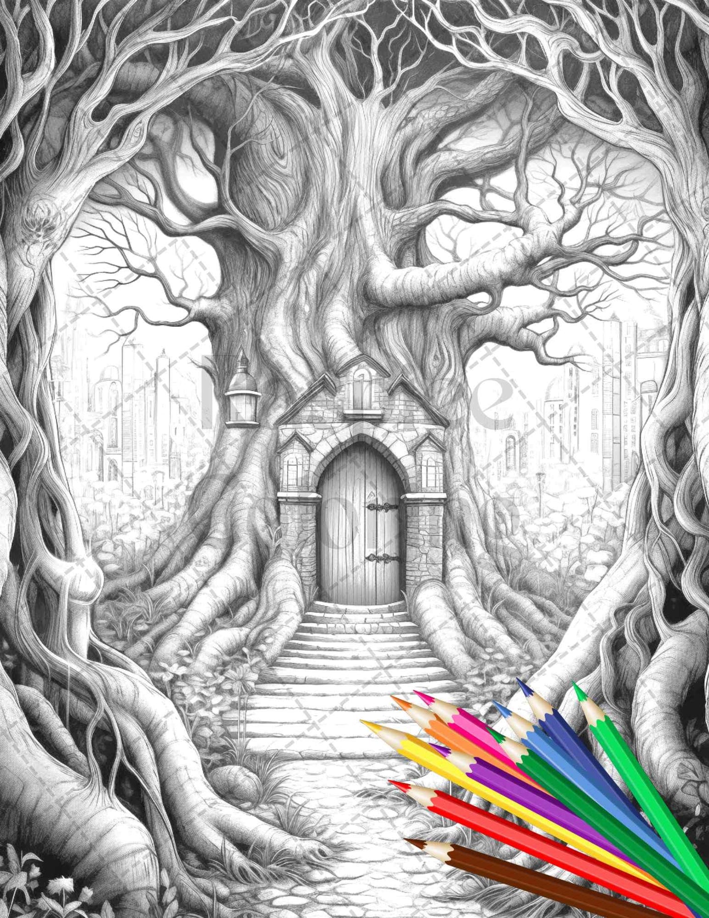 40 Magical Forest Gates Grayscale Coloring Pages Printable for Adults, PDF File Instant Download