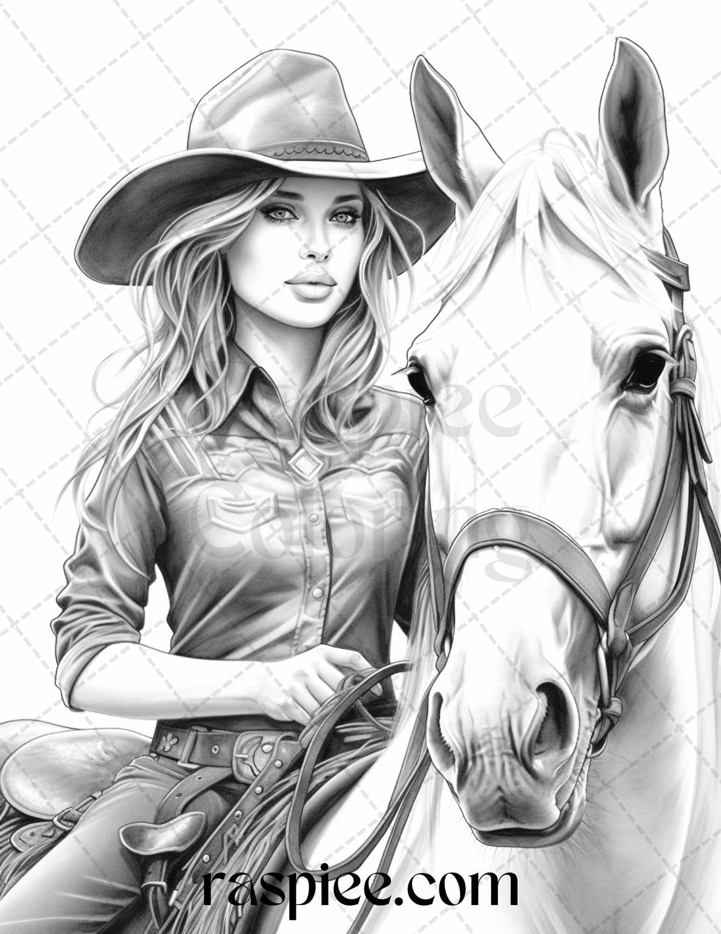 40 Beautiful Cowgirls Grayscale Coloring Pages Printable for Adults, PDF File Instant Download