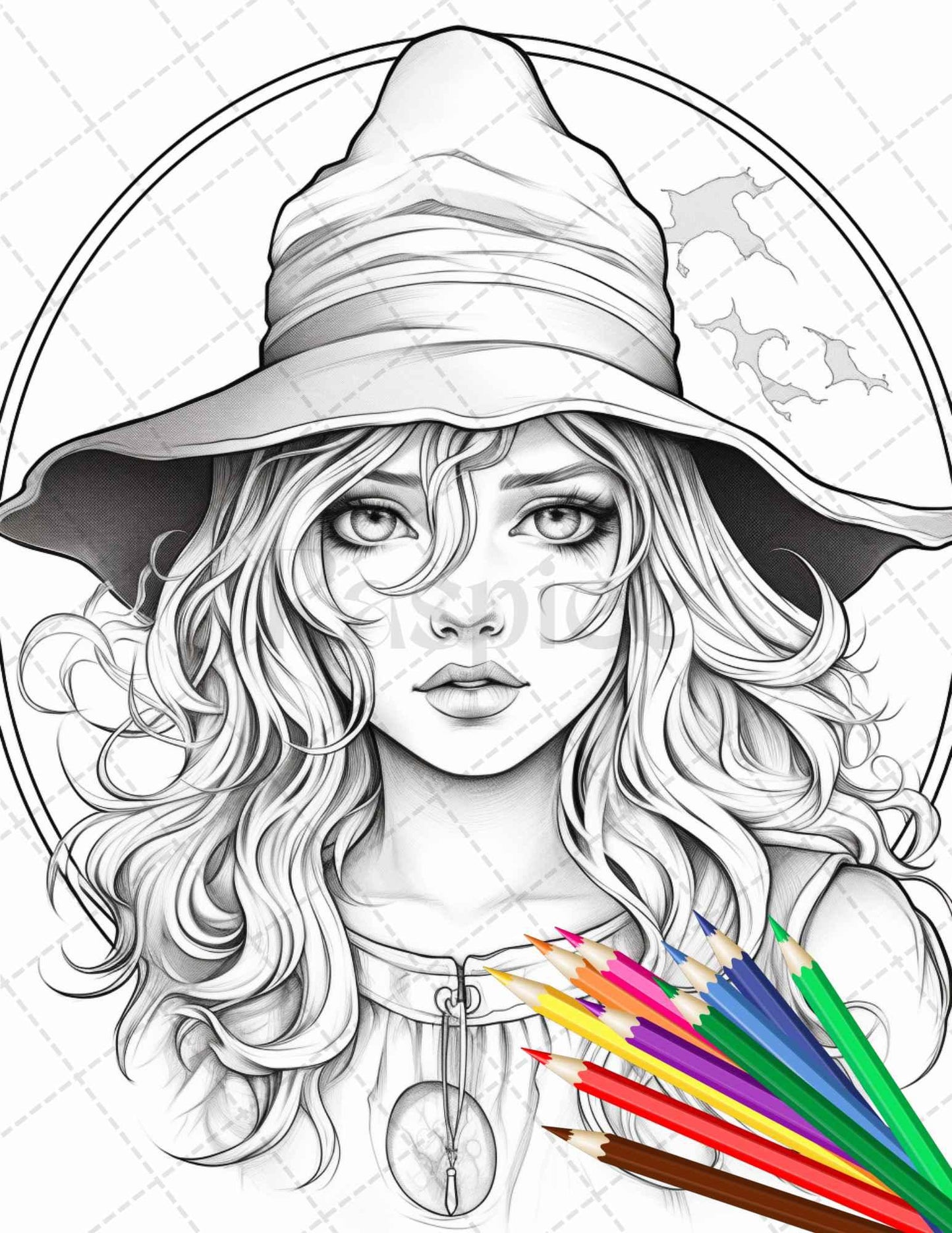 40 Cute Witches Coloring Pages Printable for Adults, Grayscale Coloring Page, PDF File Instant Download