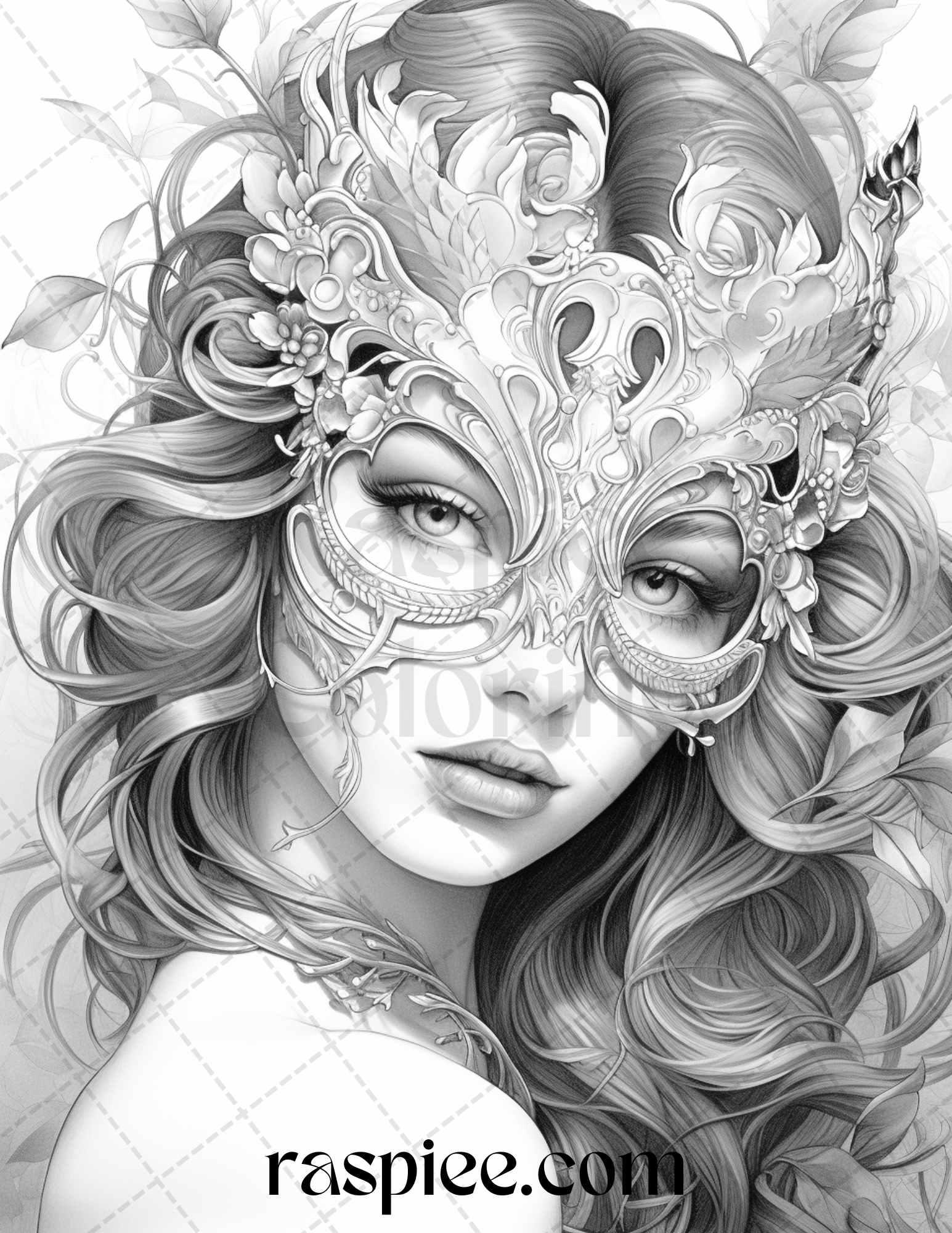 40 Masquerade Girls Grayscale Coloring Pages Printable for Adults, PDF File Instant Download