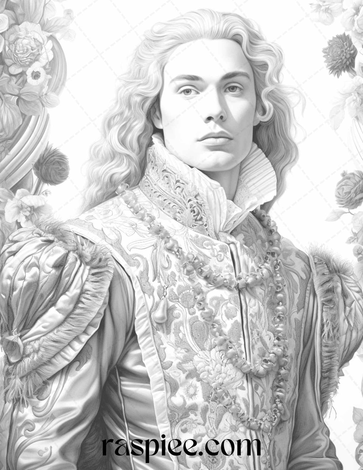 50 Baroque Man Portrait Grayscale Graysale Coloring Pages Printable for Adults, PDF File Instant Download