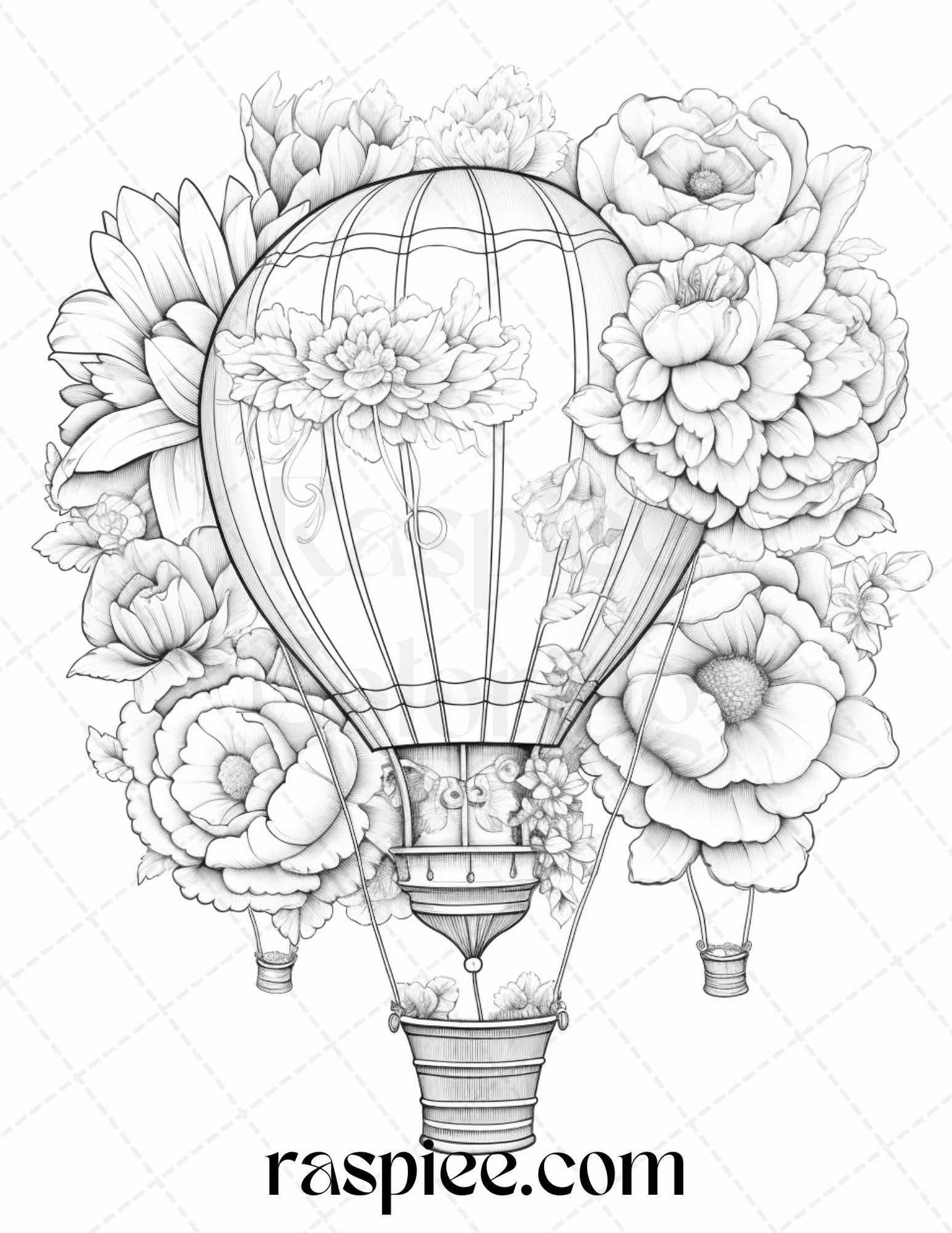 42 Flower Hot Air Balloons Grayscale Coloring Pages Printable for Adults, PDF File Instant Download